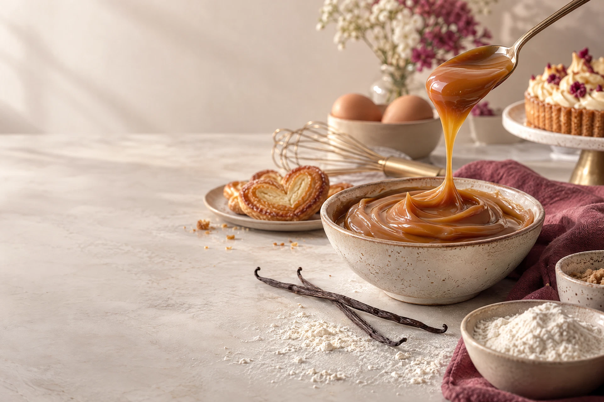Dulce de leche y elementos de repostería en una mesa cálida