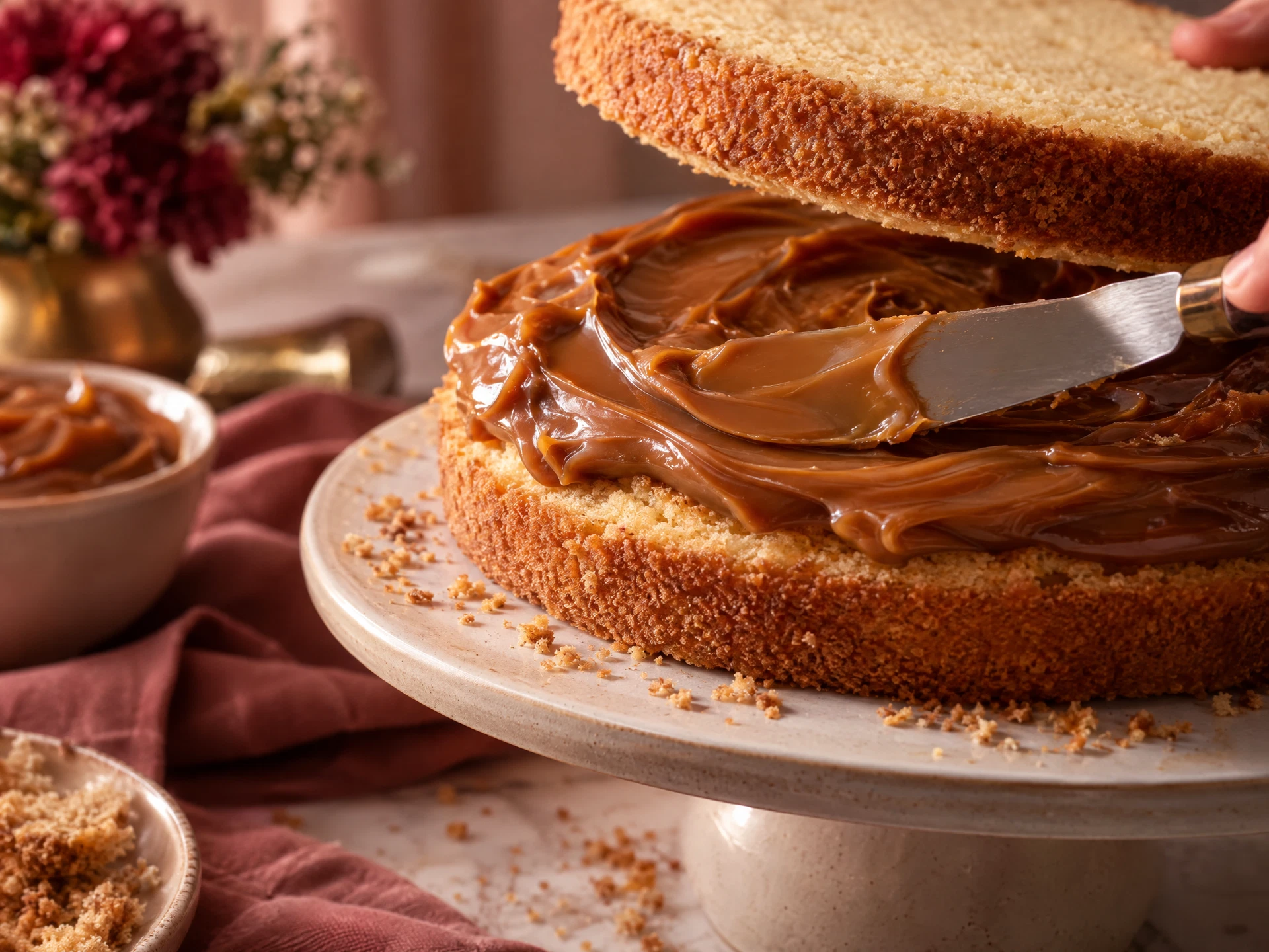 Aplicación de dulce de leche entre capas de pastel