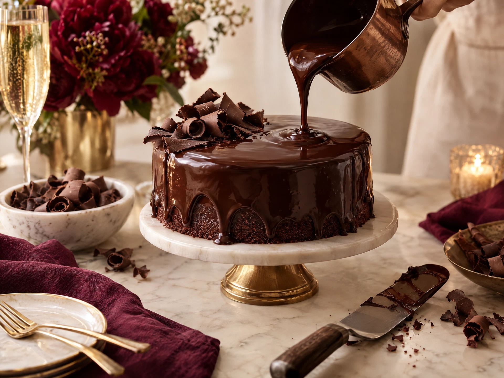 Ganache de chocolate sobre un pastel